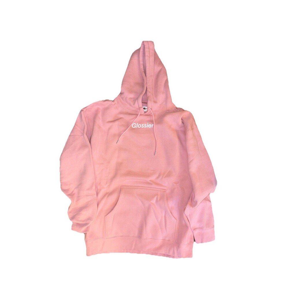 Glossier Pink graphic Hoodie Sweatshirt Pullover Logo Fleece Lined Size XL